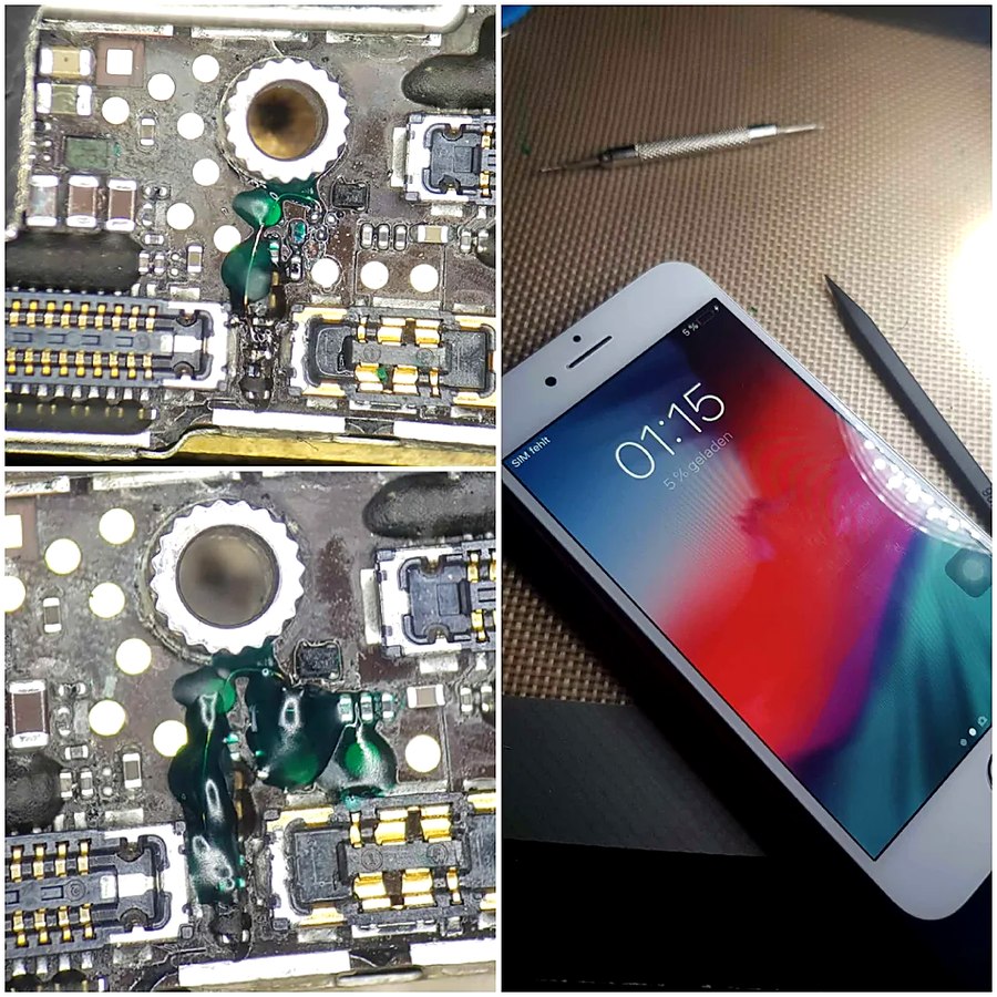 Korrodierte iPhone-Platine unter dem Mikroskop vor und nach dem Brücken der Leiterbahn, daneben das wieder startende Gerät